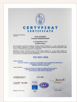 Jegger - certyfikat ISO 9001:2008